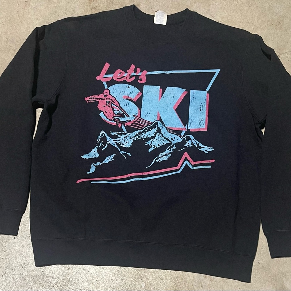 Vintage Lets Ski Sweatshirt Crewneck Retro Large Graphic Print Large